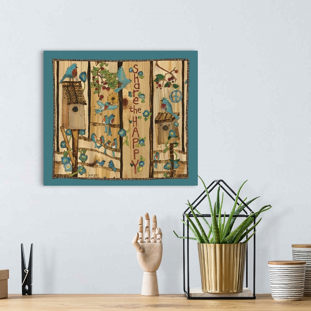 A bohemian room featuring Bluebirds with bird houses and saying