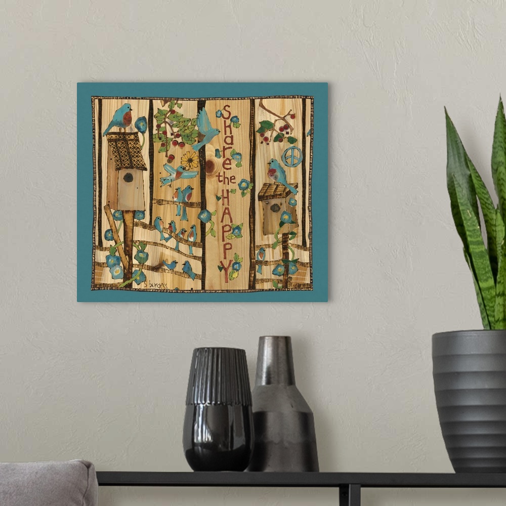 A modern room featuring Bluebirds with bird houses and saying