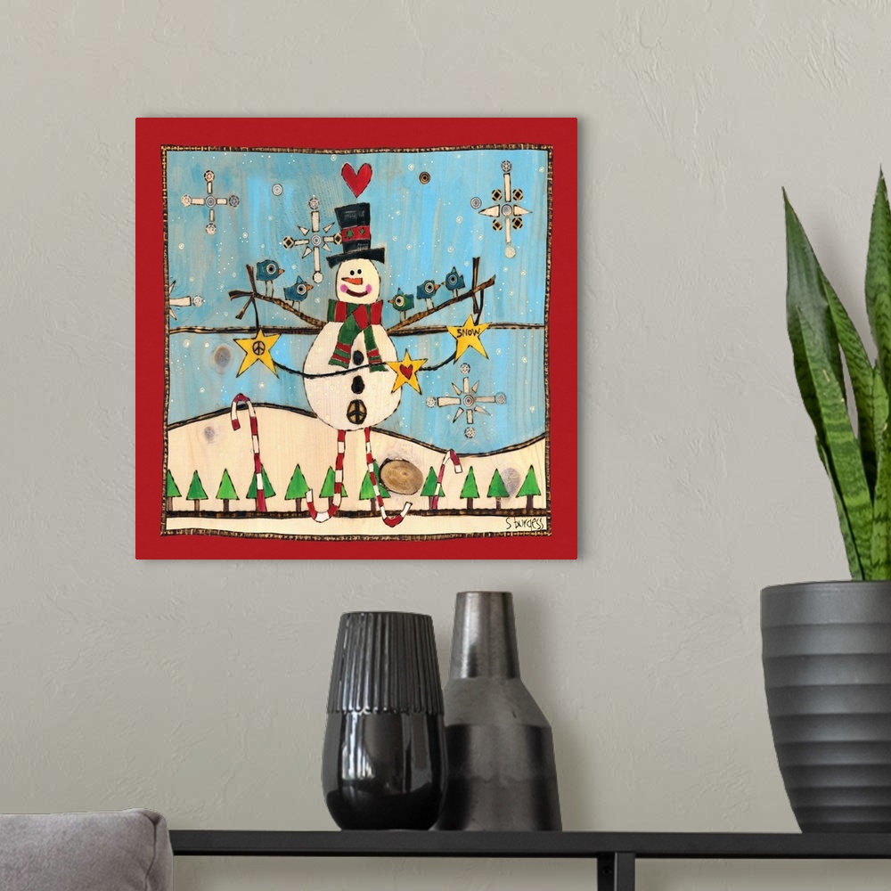 A modern room featuring Snowman with blue birds in snow scene