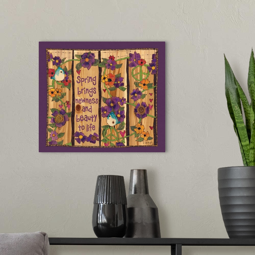 A modern room featuring Purple flowers with blue birds with saying