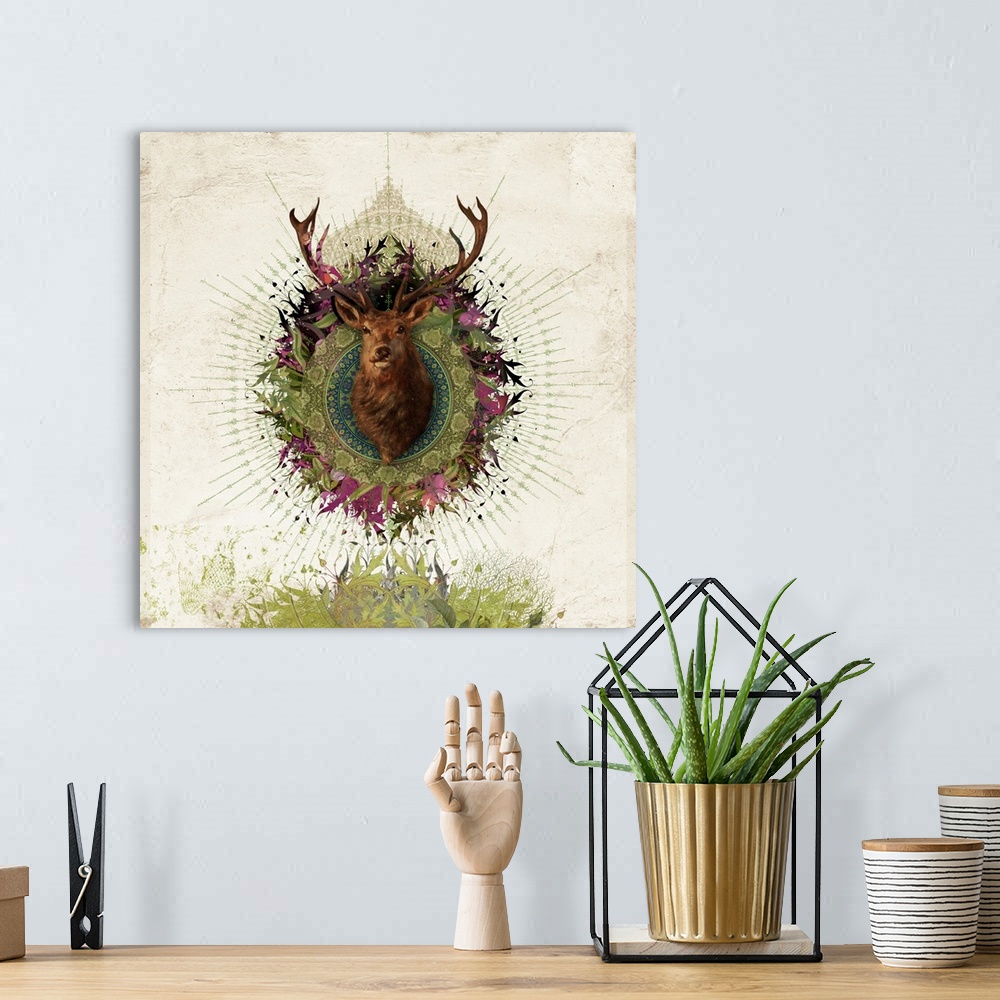 A bohemian room featuring Stag deer with ornate mandala