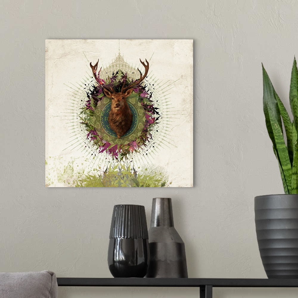 A modern room featuring Stag deer with ornate mandala