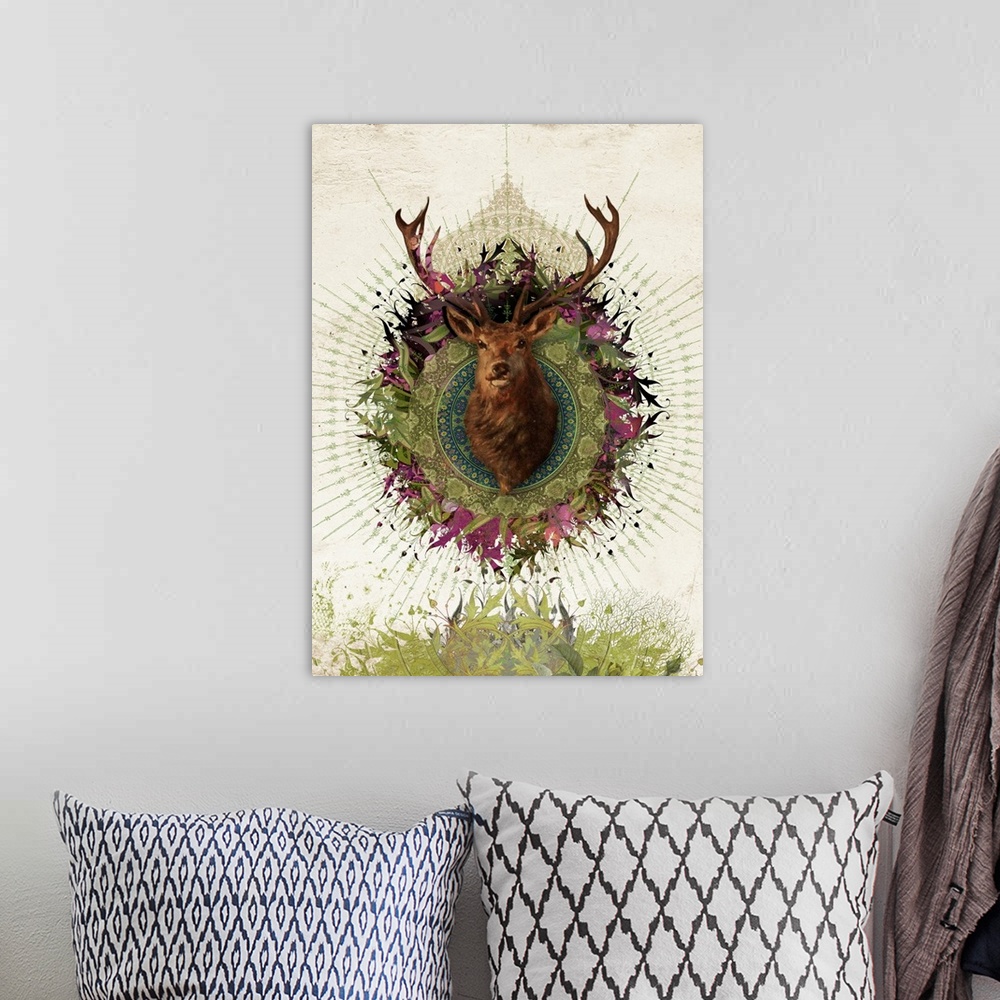 A bohemian room featuring Stag deer with ornate mandala