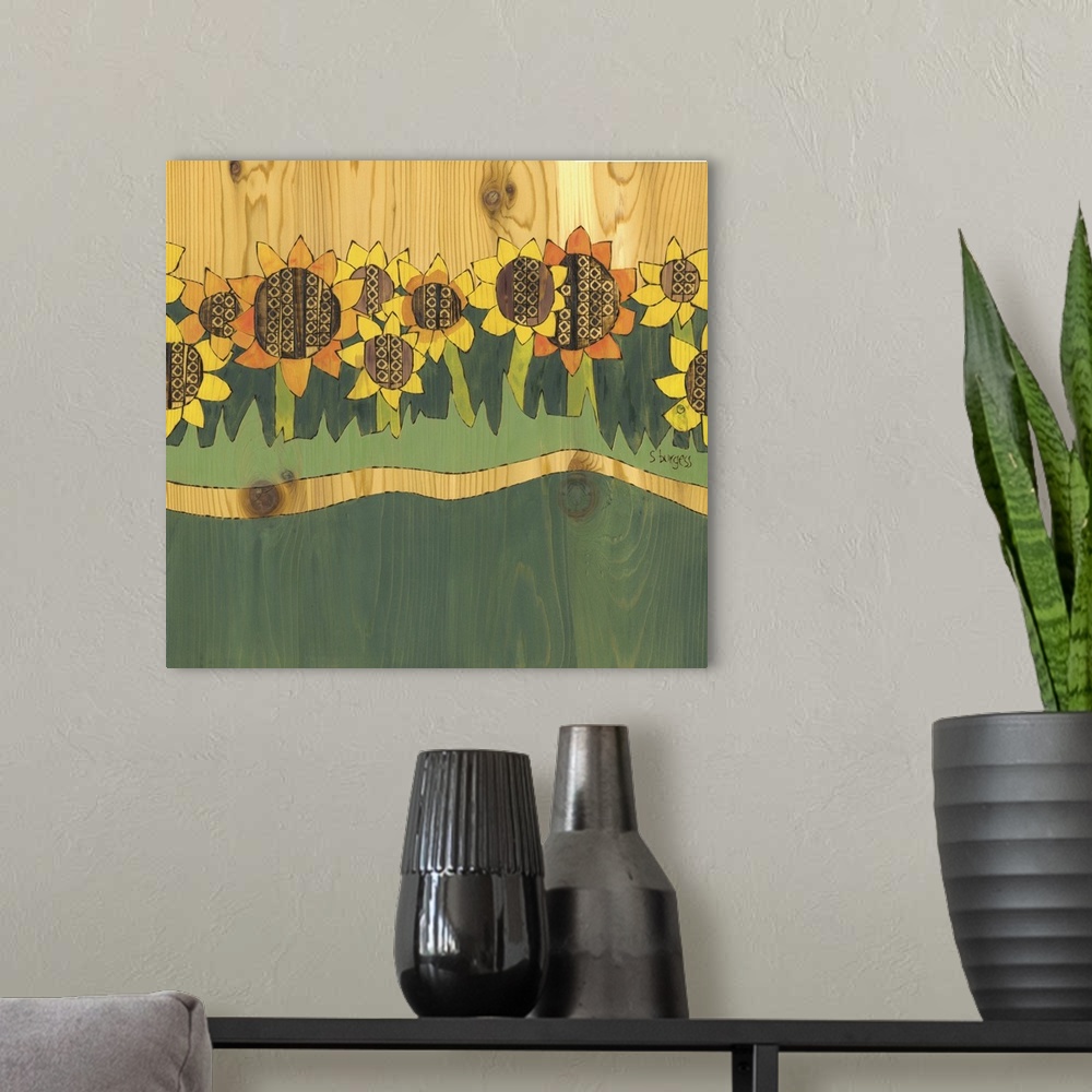 A modern room featuring Sunflowers in grass