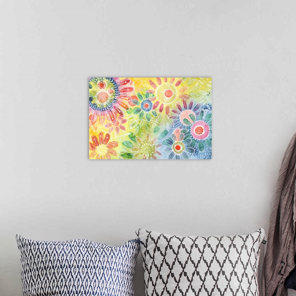A bohemian room featuring Colorful abstract inspired by flowers. Mixed Media.