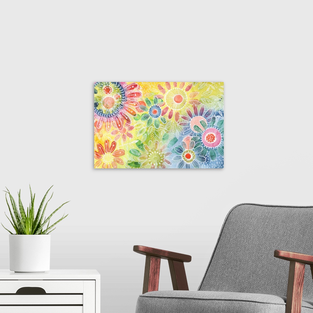 A modern room featuring Colorful abstract inspired by flowers. Mixed Media.