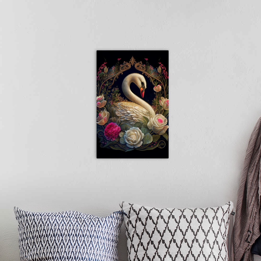 A bohemian room featuring This image by JK Stewart for Duirwaigh Studios is of a swan surrounded by pink and white florals.