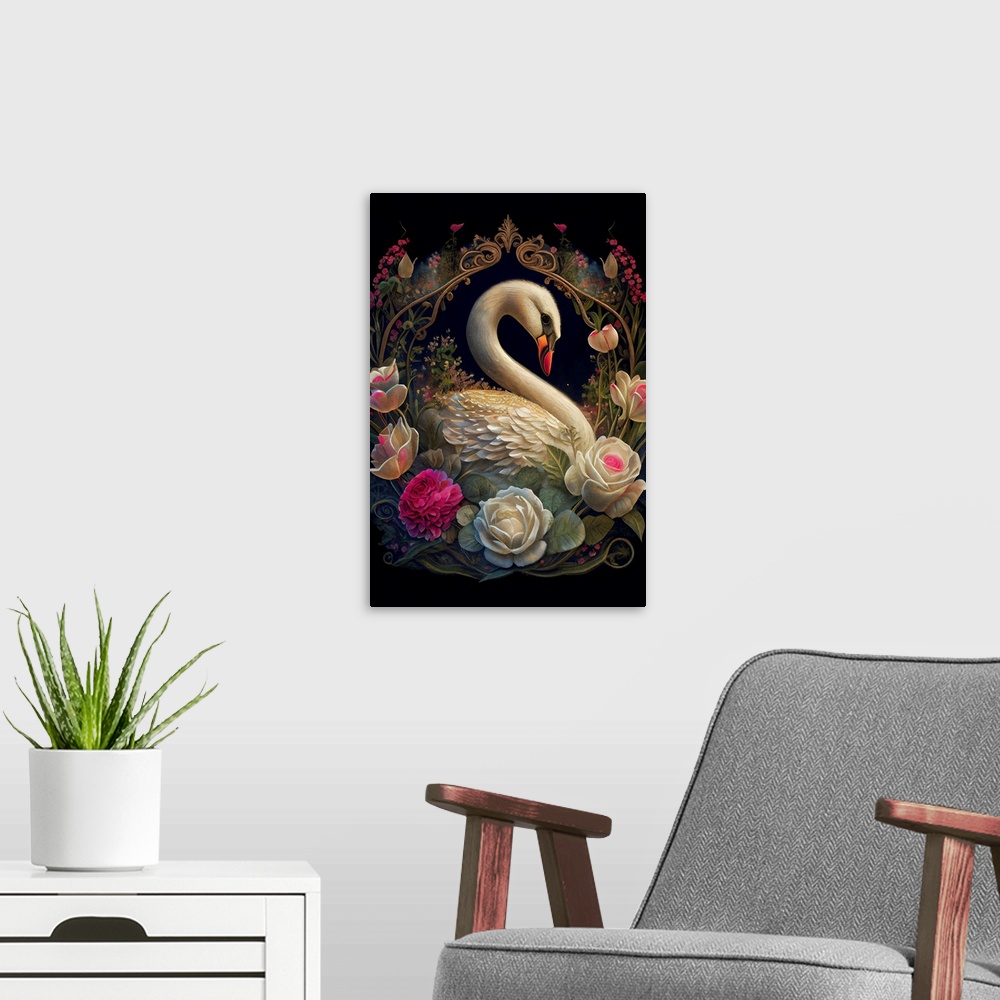 A modern room featuring This image by JK Stewart for Duirwaigh Studios is of a swan surrounded by pink and white florals.