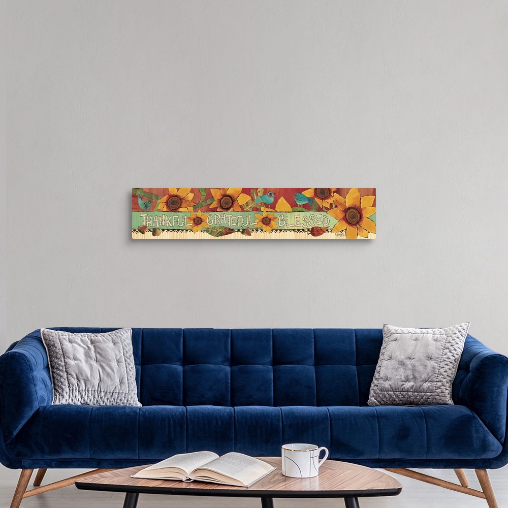 A modern room featuring Flowers and blue birds with leaves and acorns and saying.