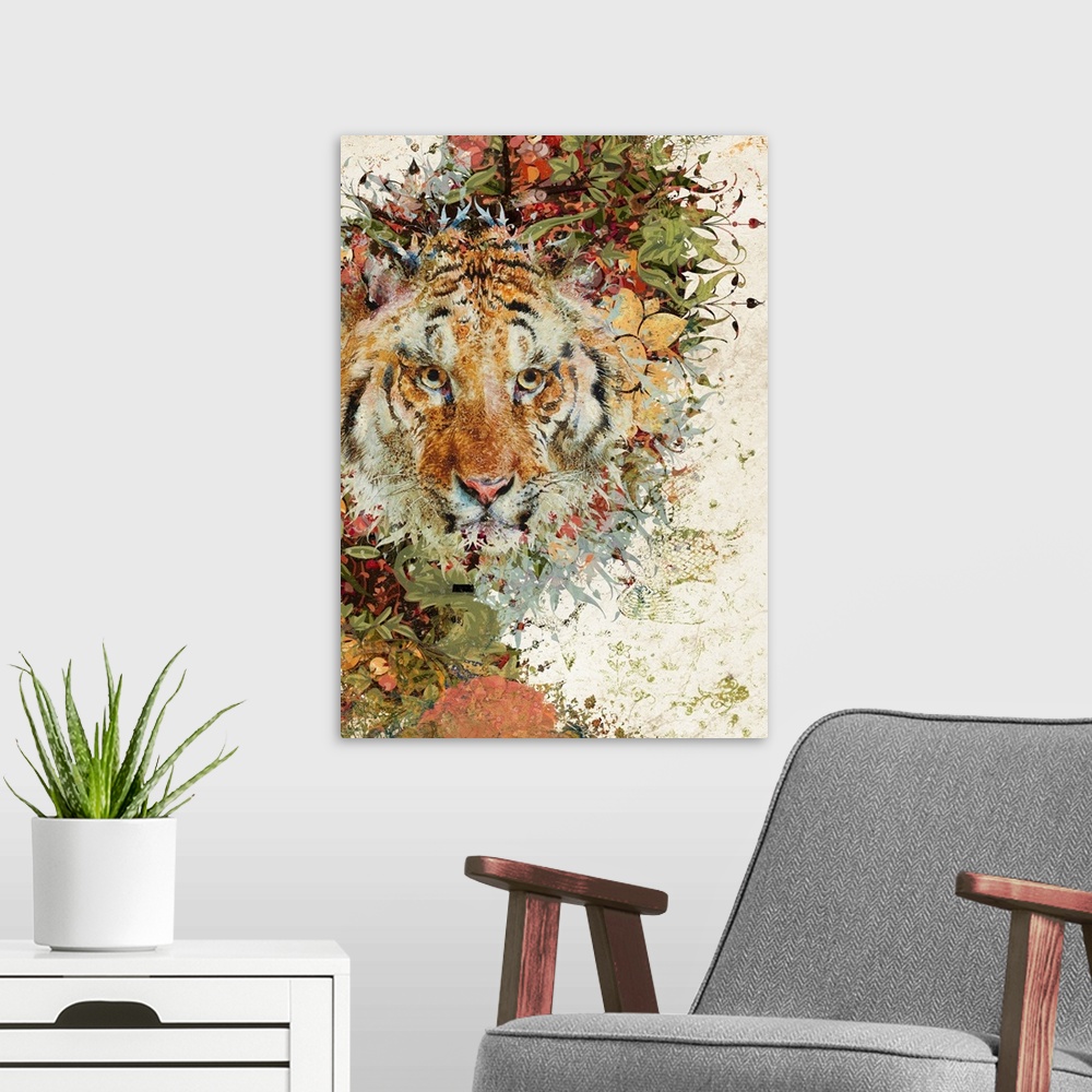 A modern room featuring Tiger with ornate and abstract background