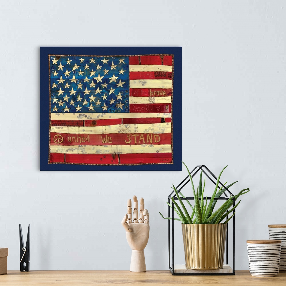 A bohemian room featuring Amercian flag, stars, stripes