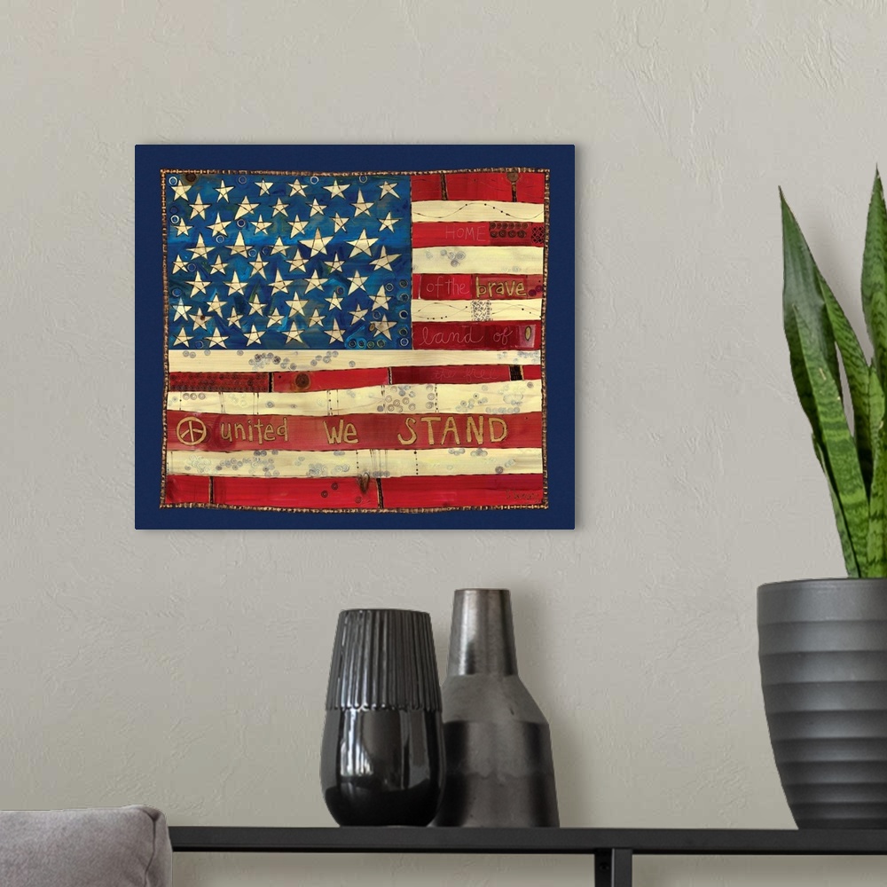 A modern room featuring Amercian flag, stars, stripes