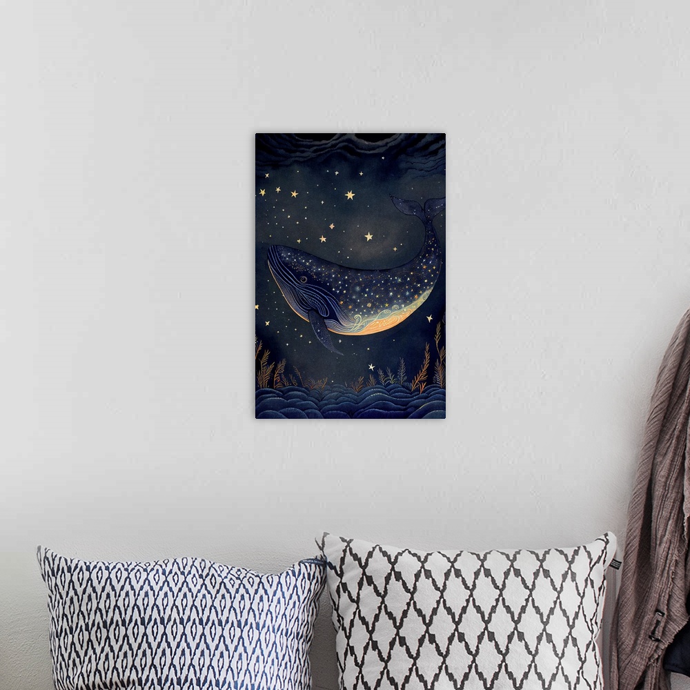 A bohemian room featuring This image by JK Stewart for Duirwaigh Studios is of a whale swimming in the night sky.