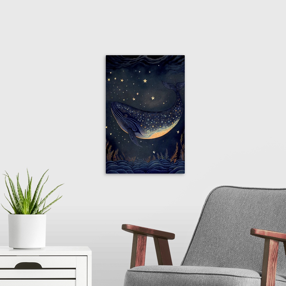 A modern room featuring This image by JK Stewart for Duirwaigh Studios is of a whale swimming in the night sky.