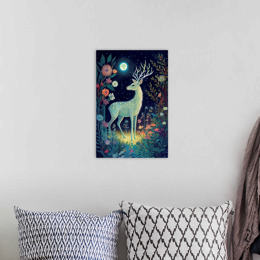 A bohemian room featuring This image by JK Stewart for Duirwaigh Studios is of a deer in a field of flowers at night.