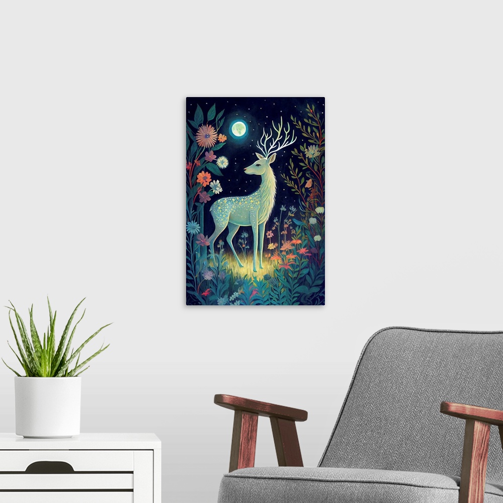 A modern room featuring This image by JK Stewart for Duirwaigh Studios is of a deer in a field of flowers at night.