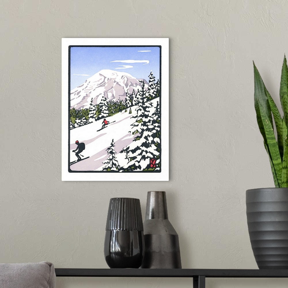 A modern room featuring Japanese Blockprinting of people skiing on mountian