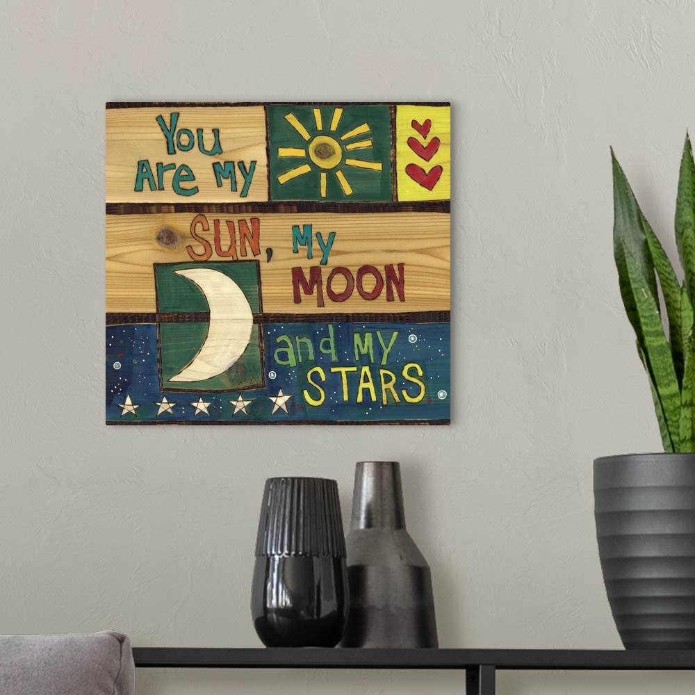 A modern room featuring Sun, moon, stars  and hearts