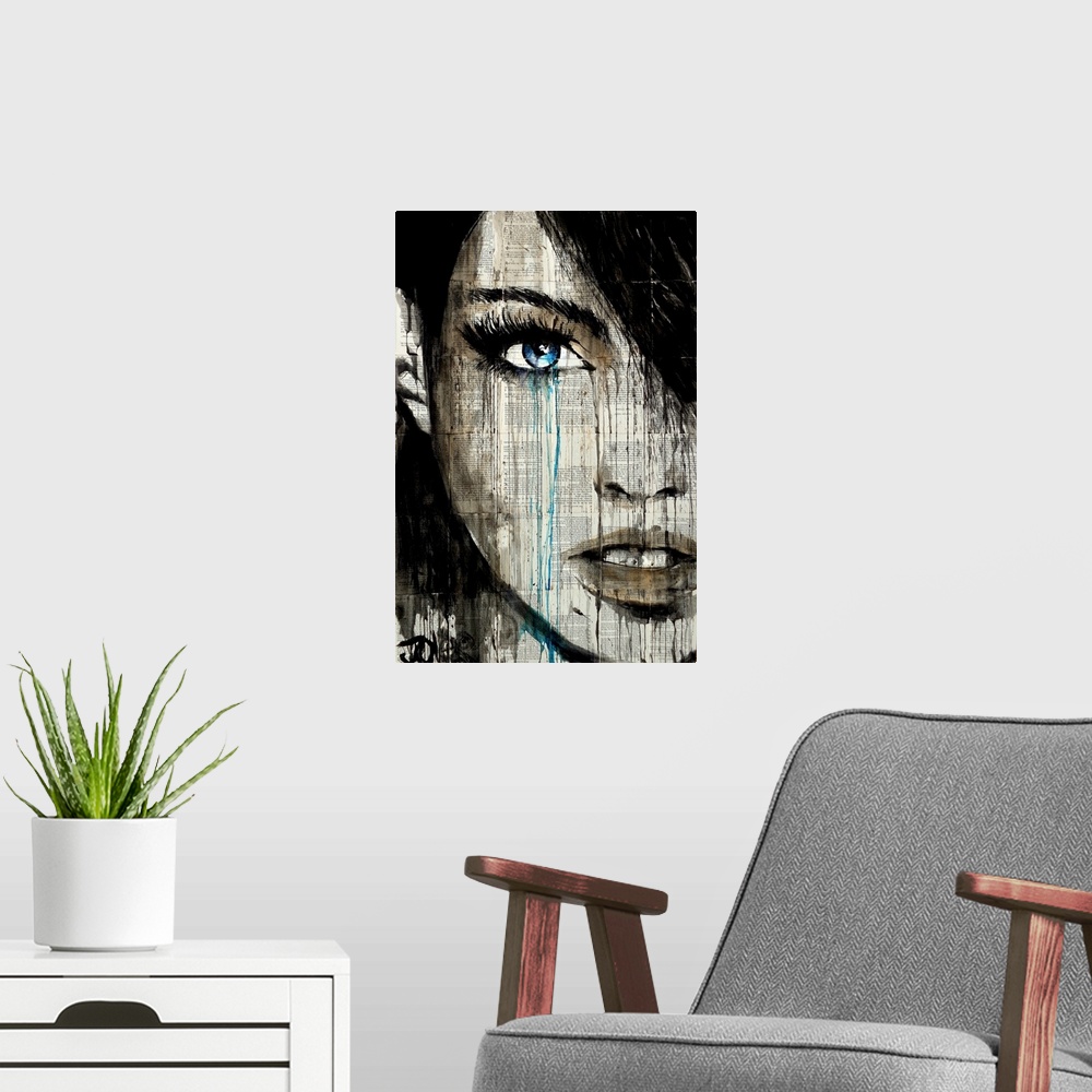 A modern room featuring Contemporary artwork of a close-up of a woman's face with deep blue eyes against a background of ...