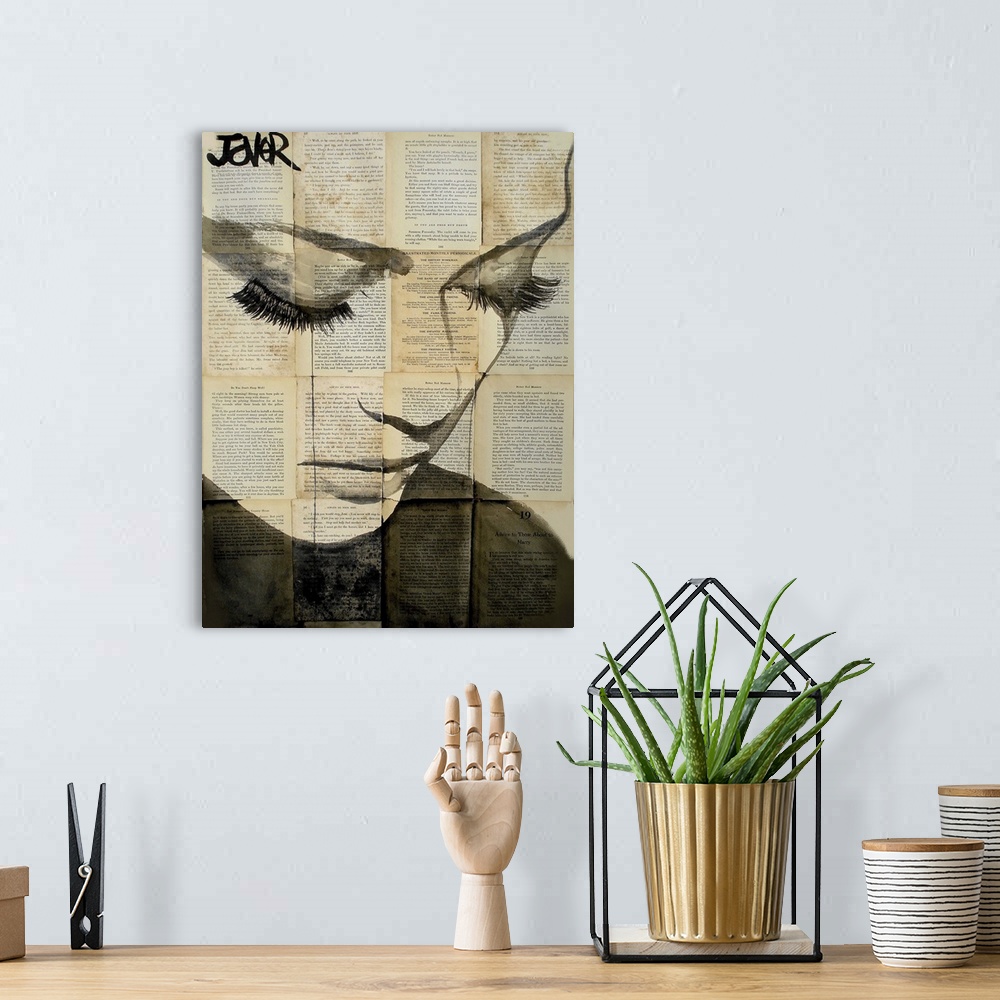 A bohemian room featuring Contemporary artwork of a close-up of a woman's face against a background of tiled book pages.