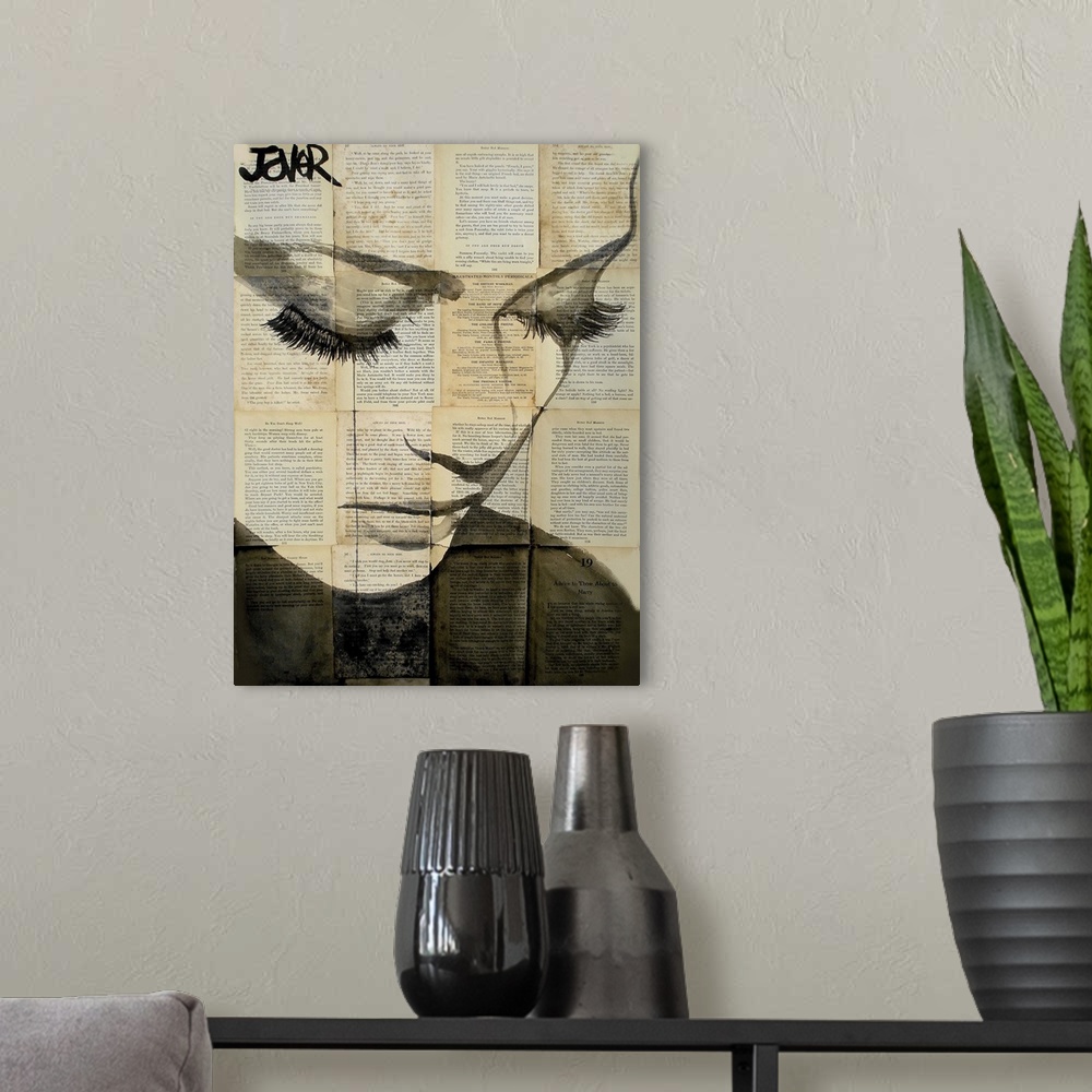 A modern room featuring Contemporary artwork of a close-up of a woman's face against a background of tiled book pages.