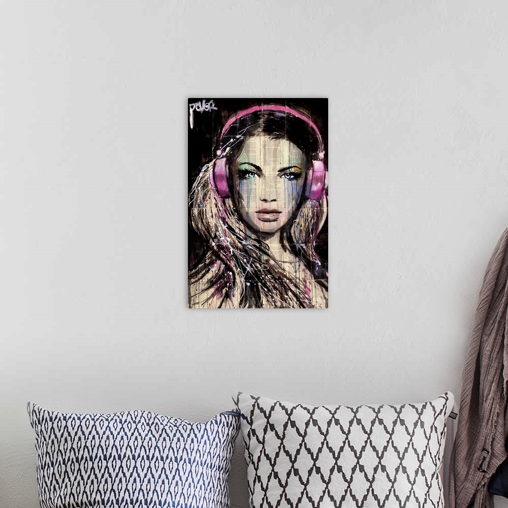 A bohemian room featuring Contemporary urban artwork of a woman wearing pink headphones and looking at the viewer with a pi...