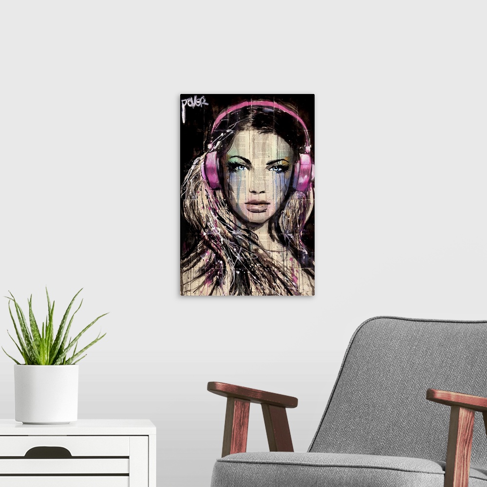 A modern room featuring Contemporary urban artwork of a woman wearing pink headphones and looking at the viewer with a pi...