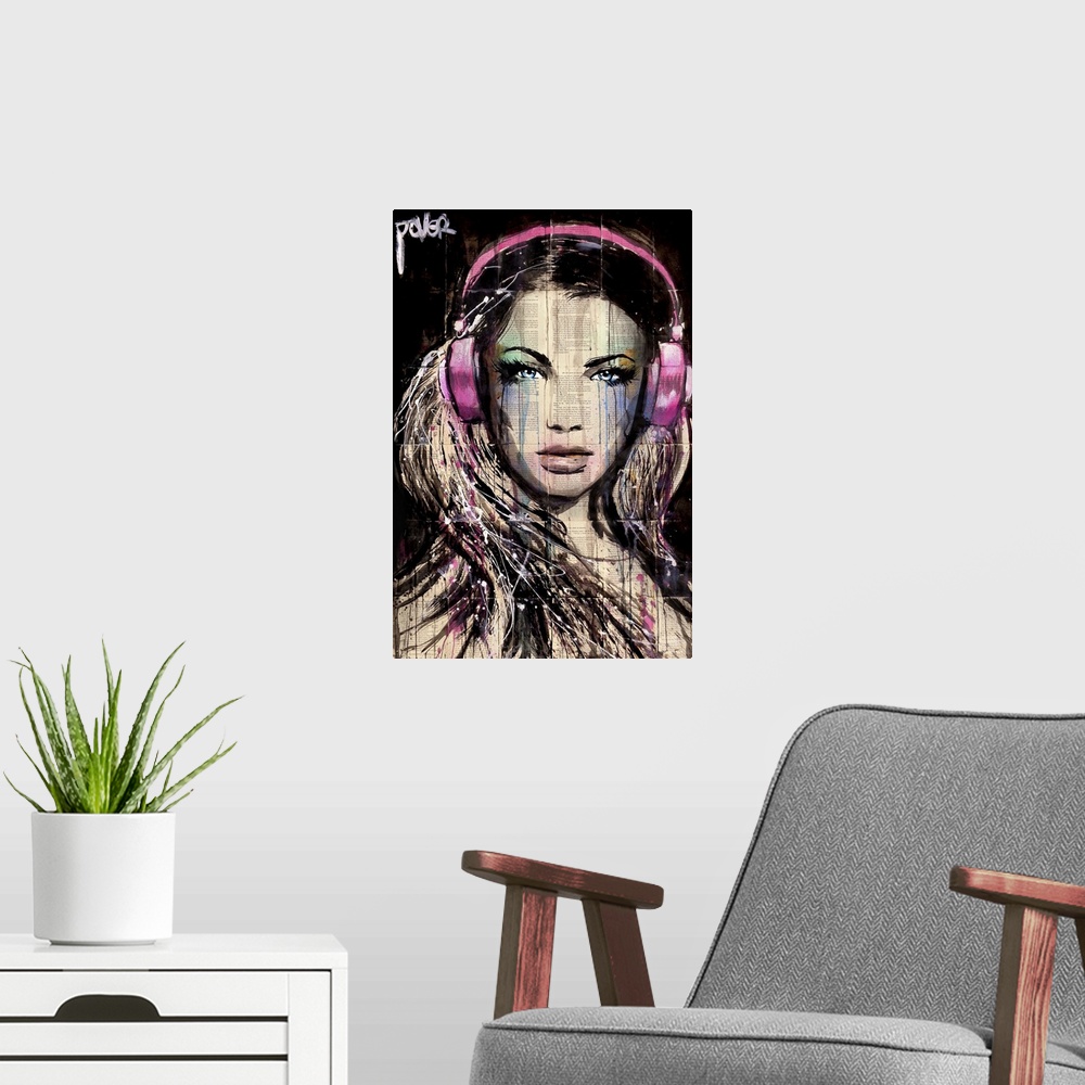 A modern room featuring Contemporary urban artwork of a woman wearing pink headphones and looking at the viewer with a pi...