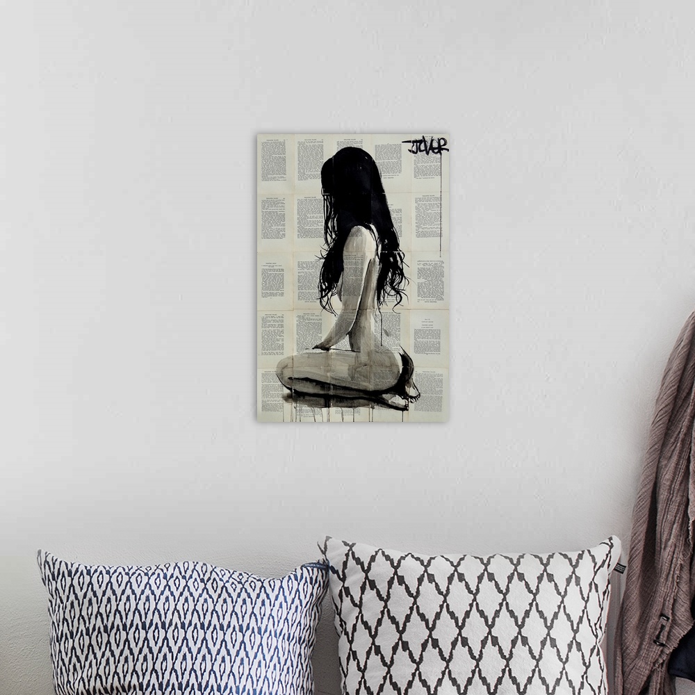 A bohemian room featuring Contemporary urban artwork of a nude woman seated against a background of tiled book pages.