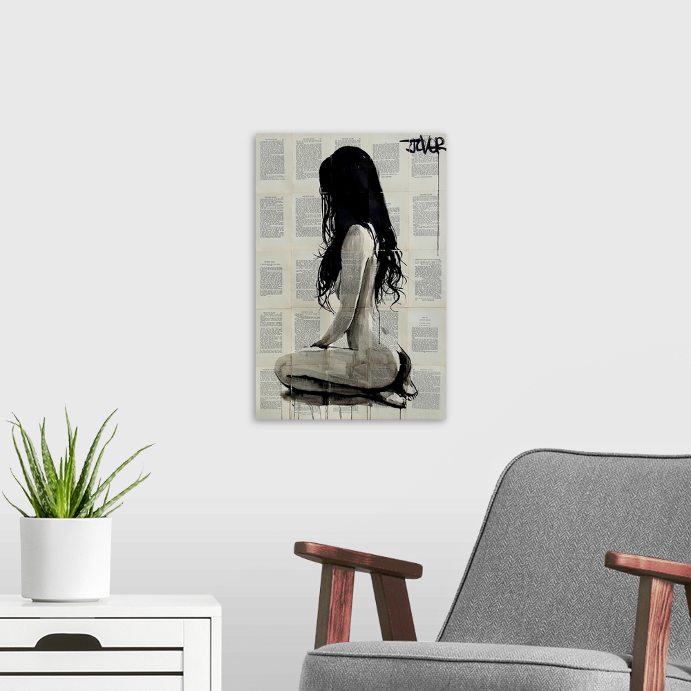 A modern room featuring Contemporary urban artwork of a nude woman seated against a background of tiled book pages.