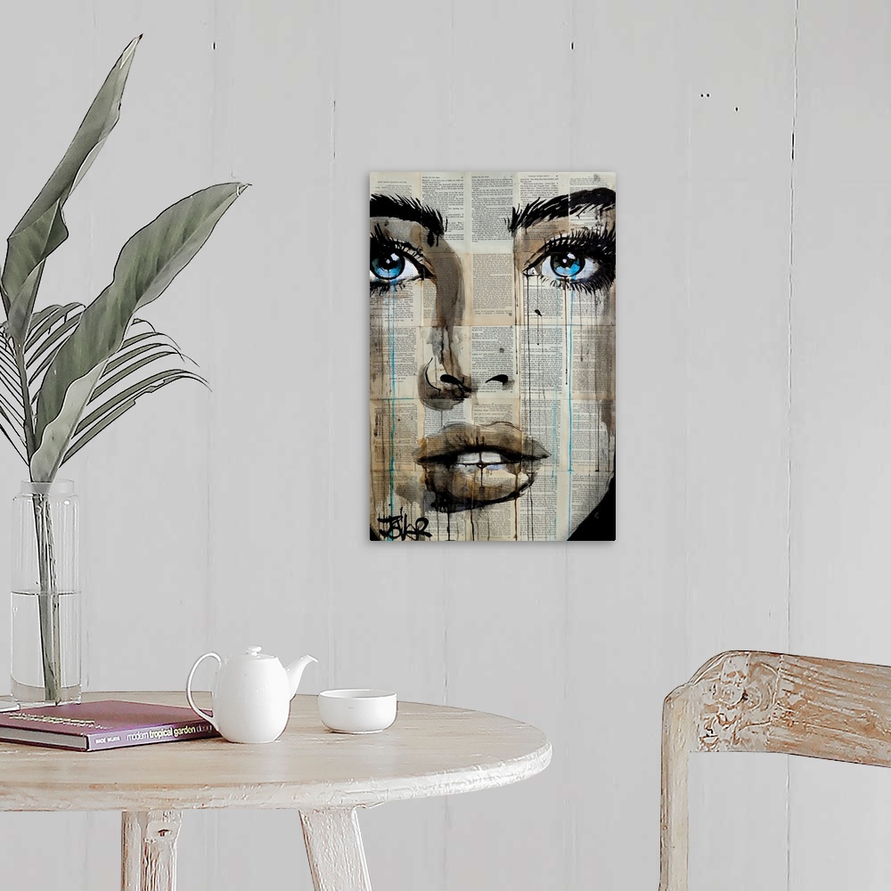 A farmhouse room featuring Contemporary urban artwork of a close-up of a woman's face with deep blue eyes against a backgrou...
