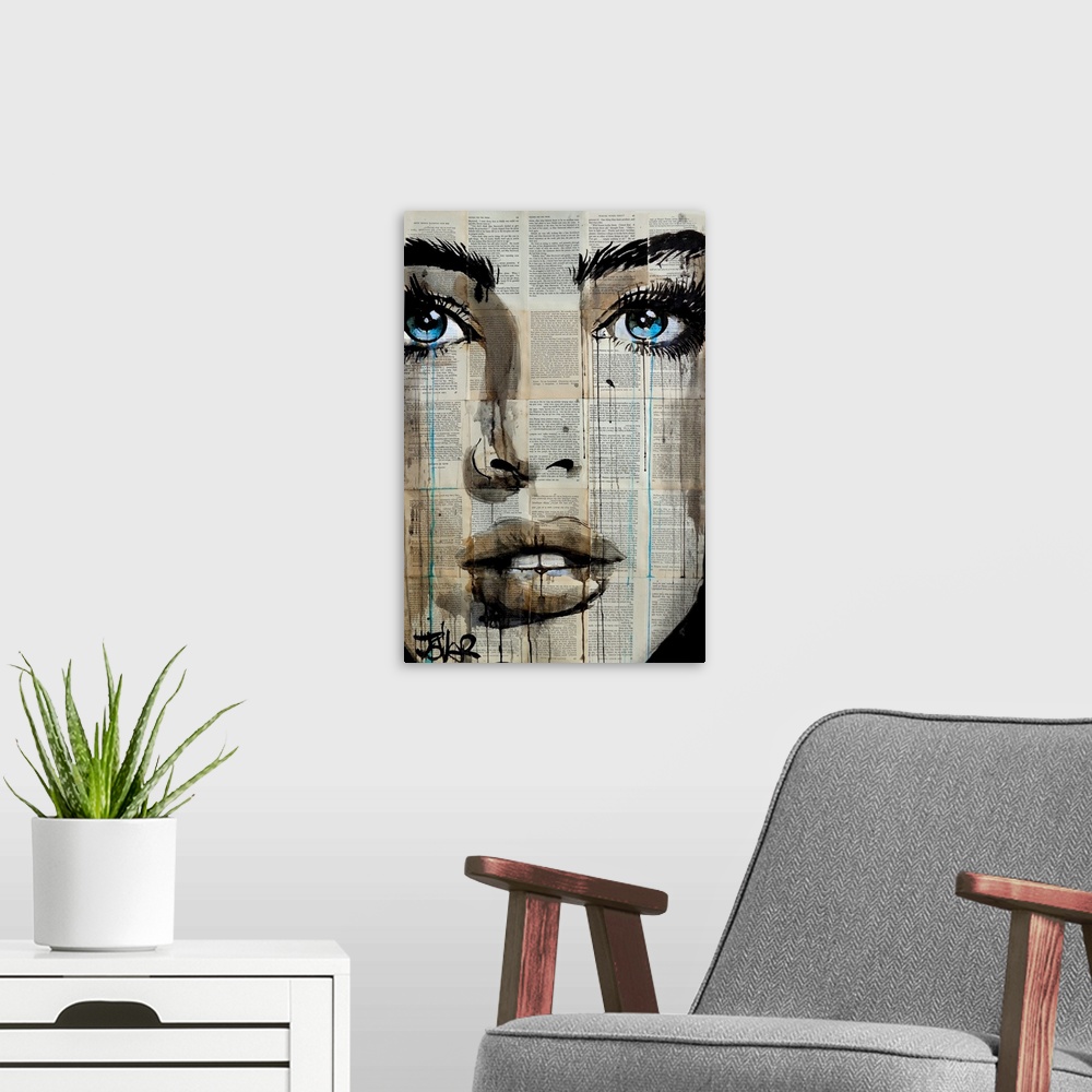 A modern room featuring Contemporary urban artwork of a close-up of a woman's face with deep blue eyes against a backgrou...
