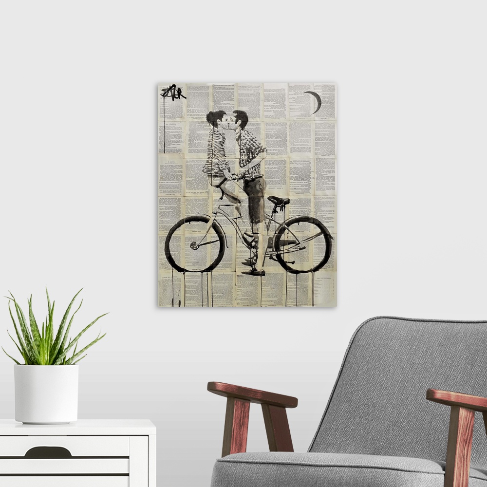 A modern room featuring Contemporary urban artwork of a man kissing a woman sitting on a bike against a background of til...