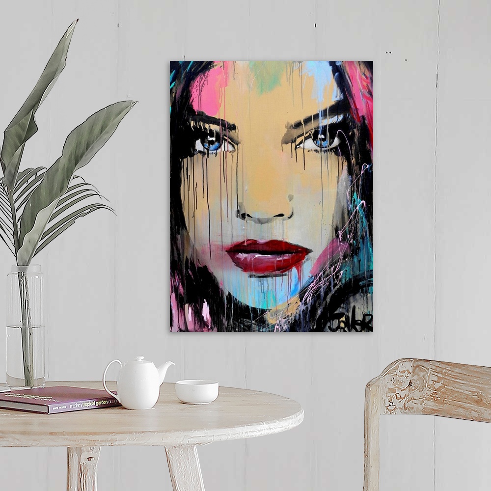 A farmhouse room featuring Contemporary urban artwork of a close-up of a woman's face with deep blue eyes against a backgrou...