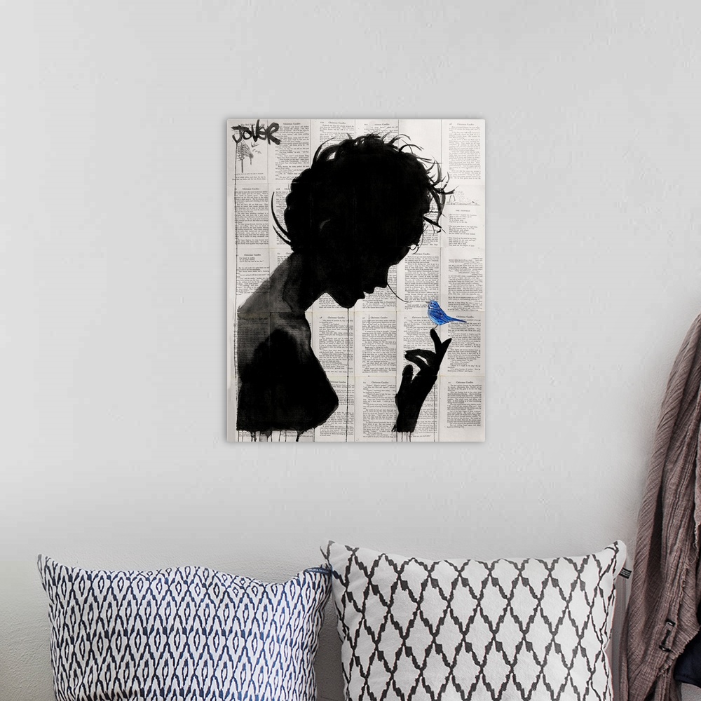 A bohemian room featuring Contemporary urban artwork of a silhouetted woman in profile with a blue bird perched on her fing...