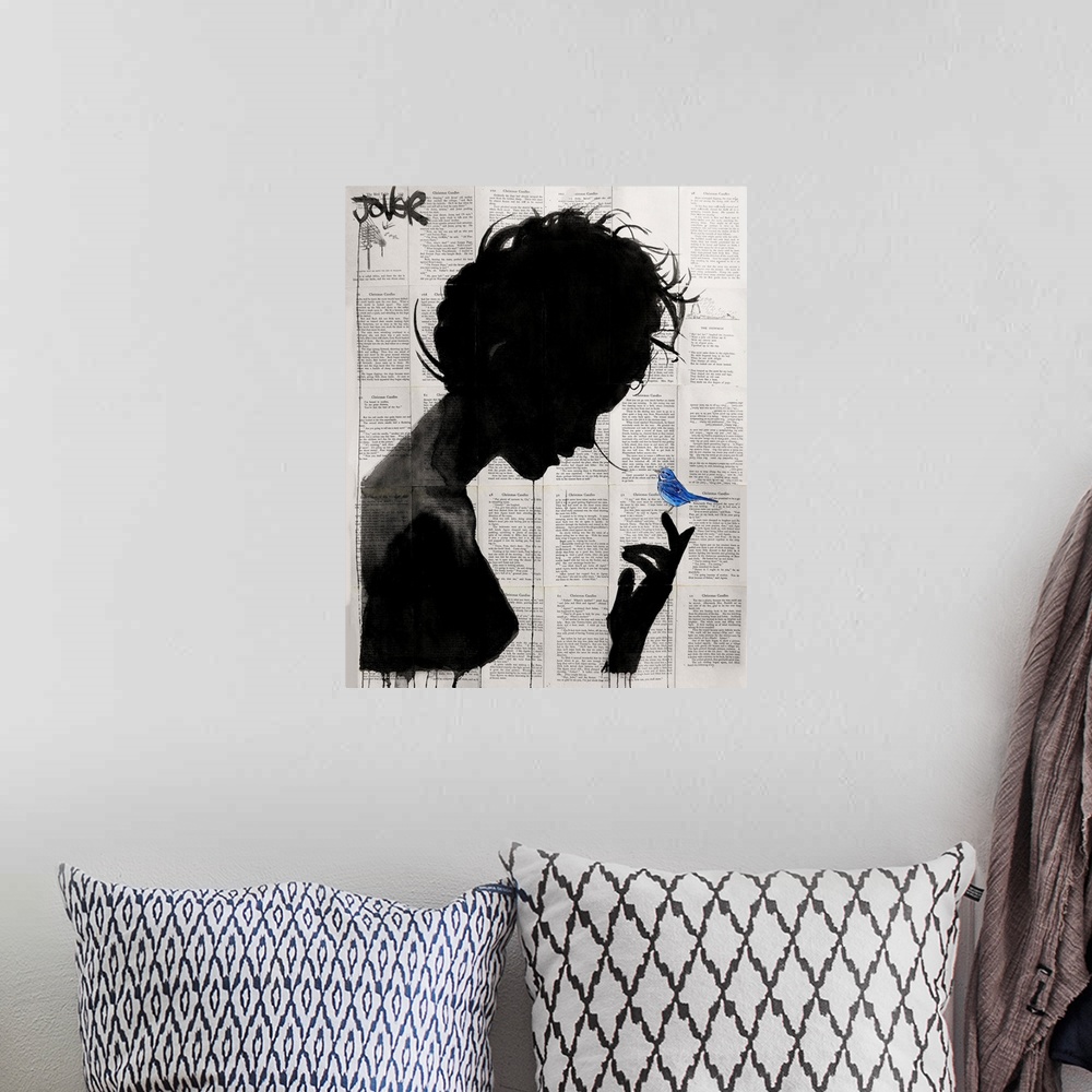 A bohemian room featuring Contemporary urban artwork of a silhouetted woman in profile with a blue bird perched on her fing...