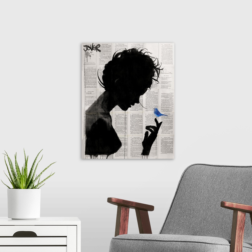 A modern room featuring Contemporary urban artwork of a silhouetted woman in profile with a blue bird perched on her fing...