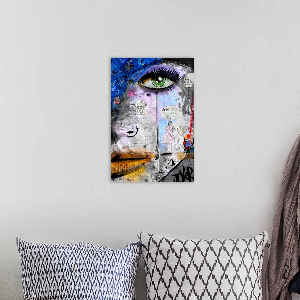 A bohemian room featuring Contemporary urban artwork of a close-up portrait of a woman's face with splashes of vibrant colo...