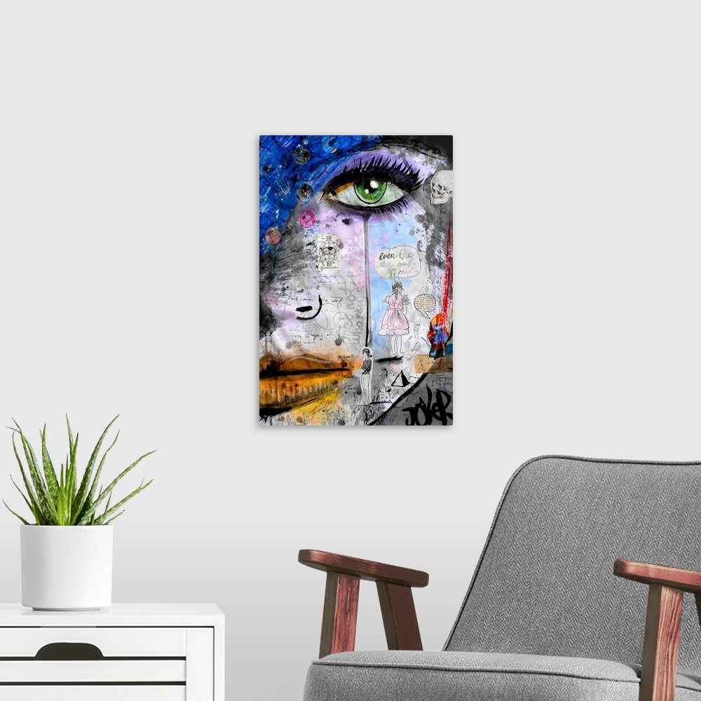 A modern room featuring Contemporary urban artwork of a close-up portrait of a woman's face with splashes of vibrant colo...
