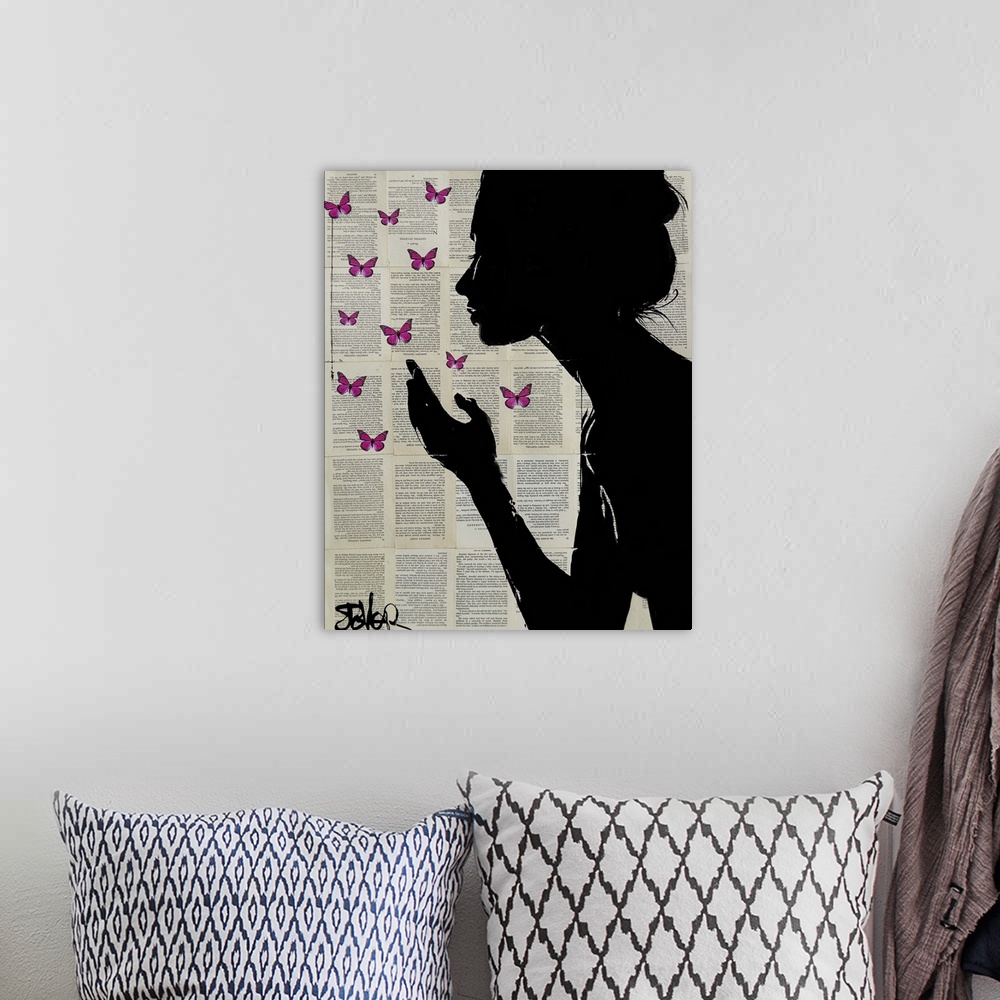 A bohemian room featuring Contemporary urban artwork of a silhouetted woman in profile with her hand near fluttering pink b...
