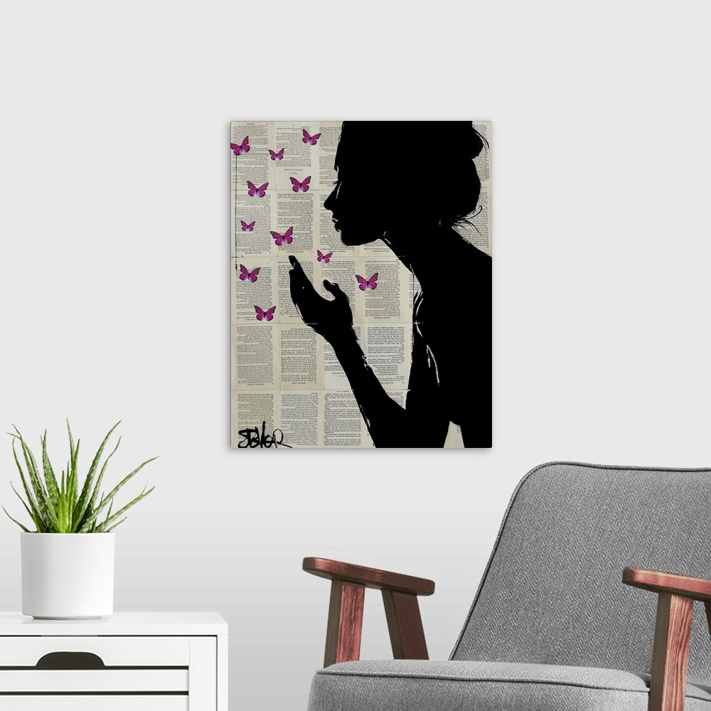 A modern room featuring Contemporary urban artwork of a silhouetted woman in profile with her hand near fluttering pink b...