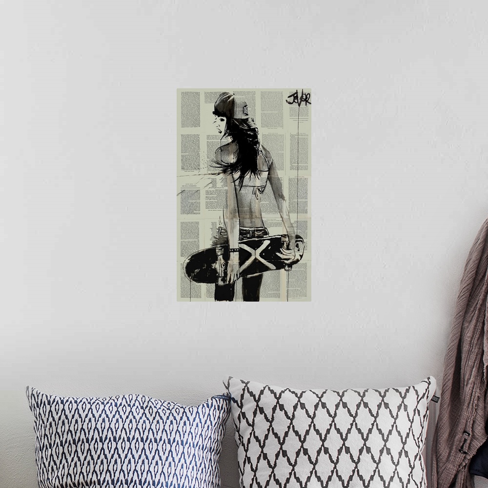 A bohemian room featuring Contemporary urban artwork of a woman holding a skateboard behind her back against a background o...