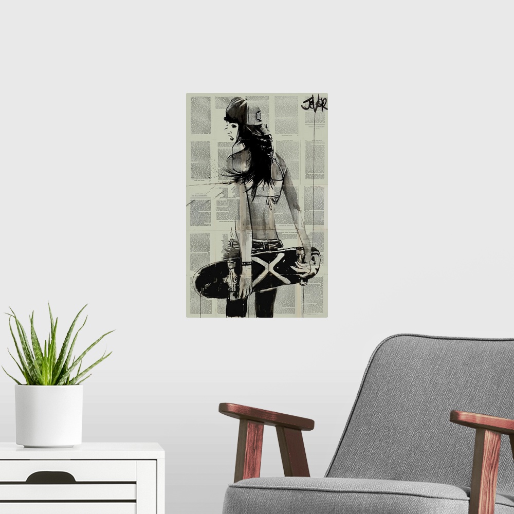 A modern room featuring Contemporary urban artwork of a woman holding a skateboard behind her back against a background o...