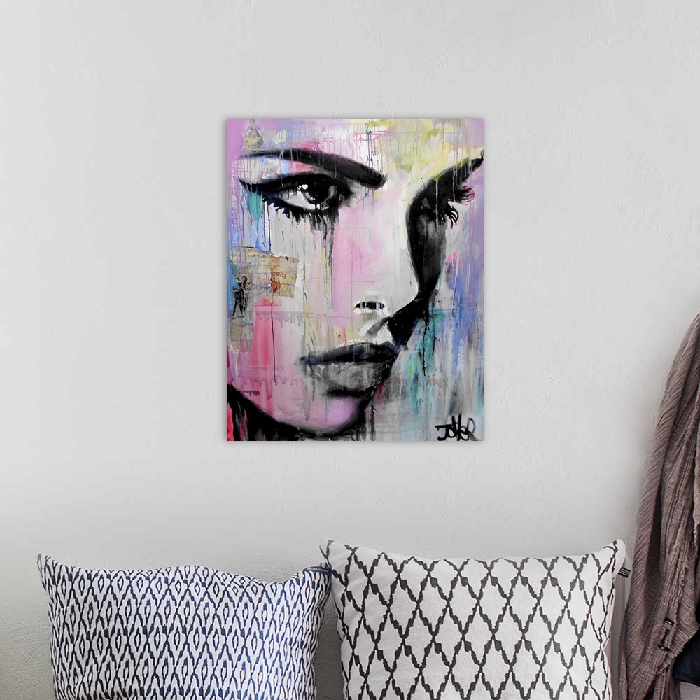 A bohemian room featuring Contemporary urban artwork of a close-up of a woman's face with deep blue eyes against a backgrou...