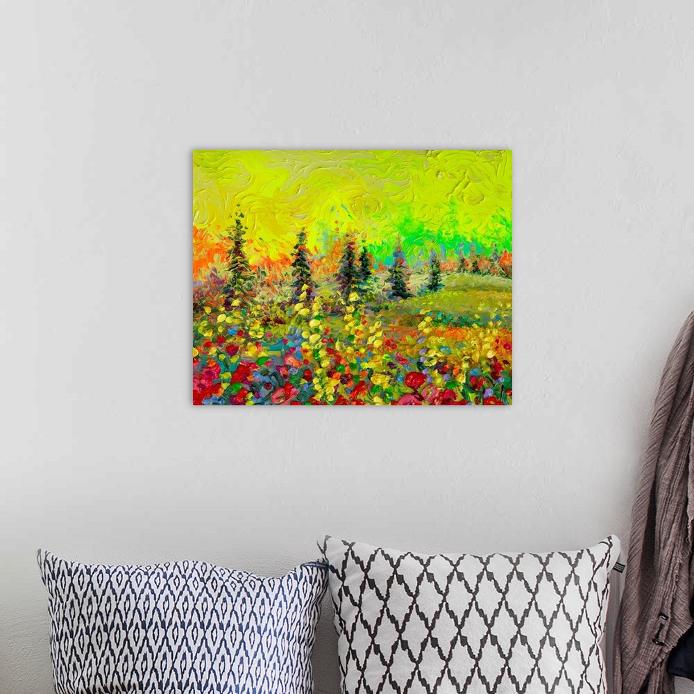A bohemian room featuring Brightly colored contemporary artwork of a landscape painting with trees.