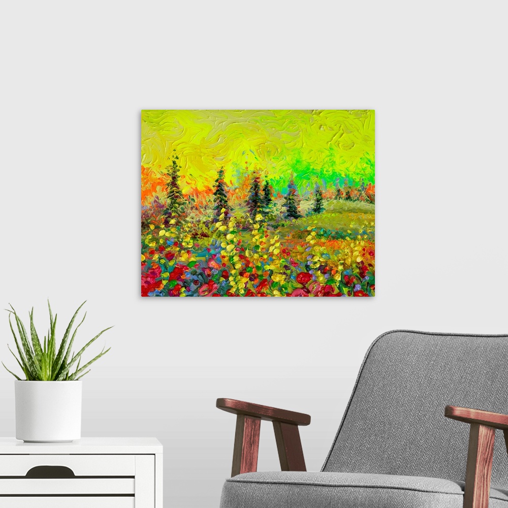 A modern room featuring Brightly colored contemporary artwork of a landscape painting with trees.