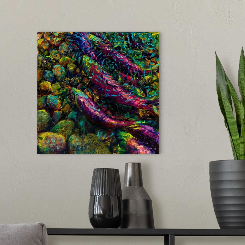 A modern room featuring Brightly colored contemporary artwork of sockeyes in water.