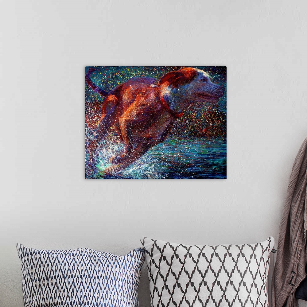 A bohemian room featuring Brightly colored contemporary artwork of a dog running through water.