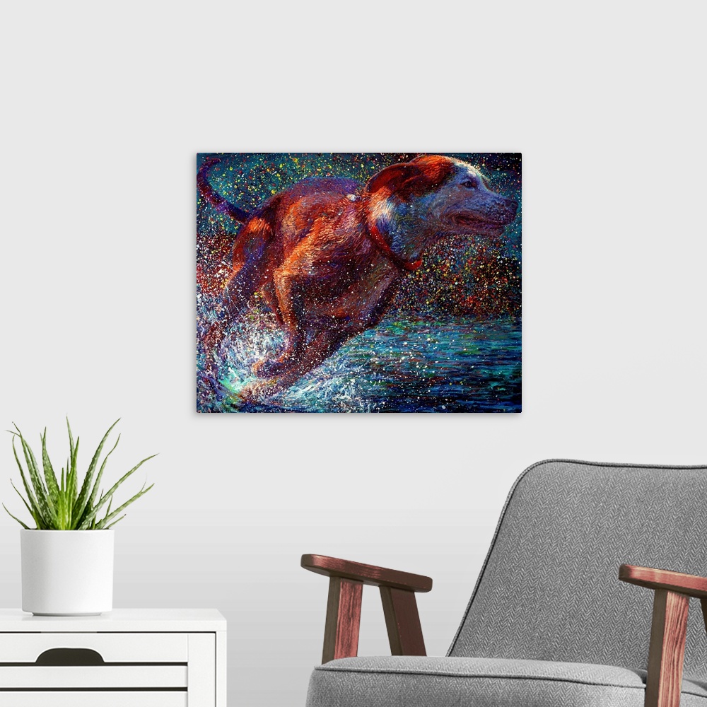 A modern room featuring Brightly colored contemporary artwork of a dog running through water.