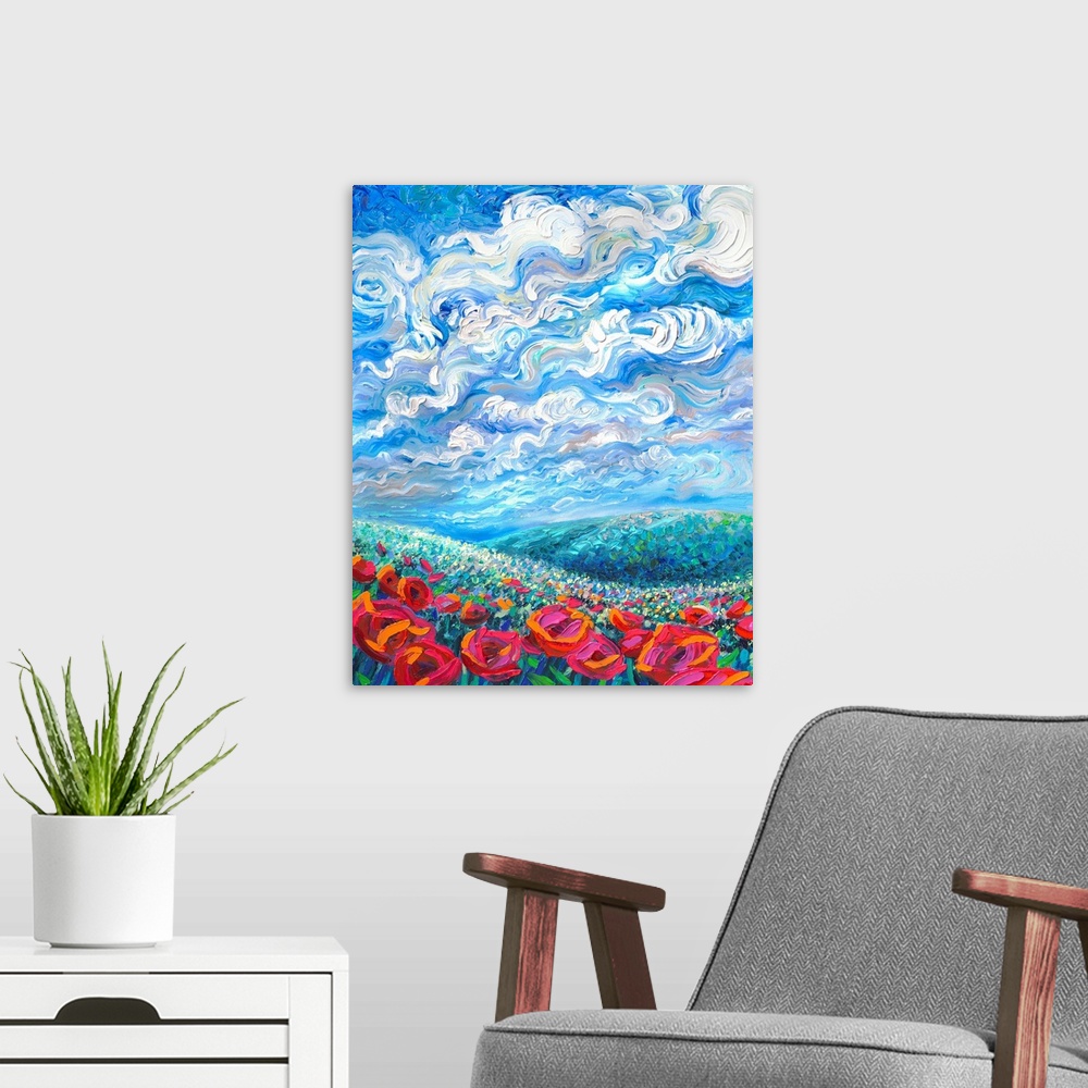 A modern room featuring Brightly colored contemporary artwork of a landscape with flowers.